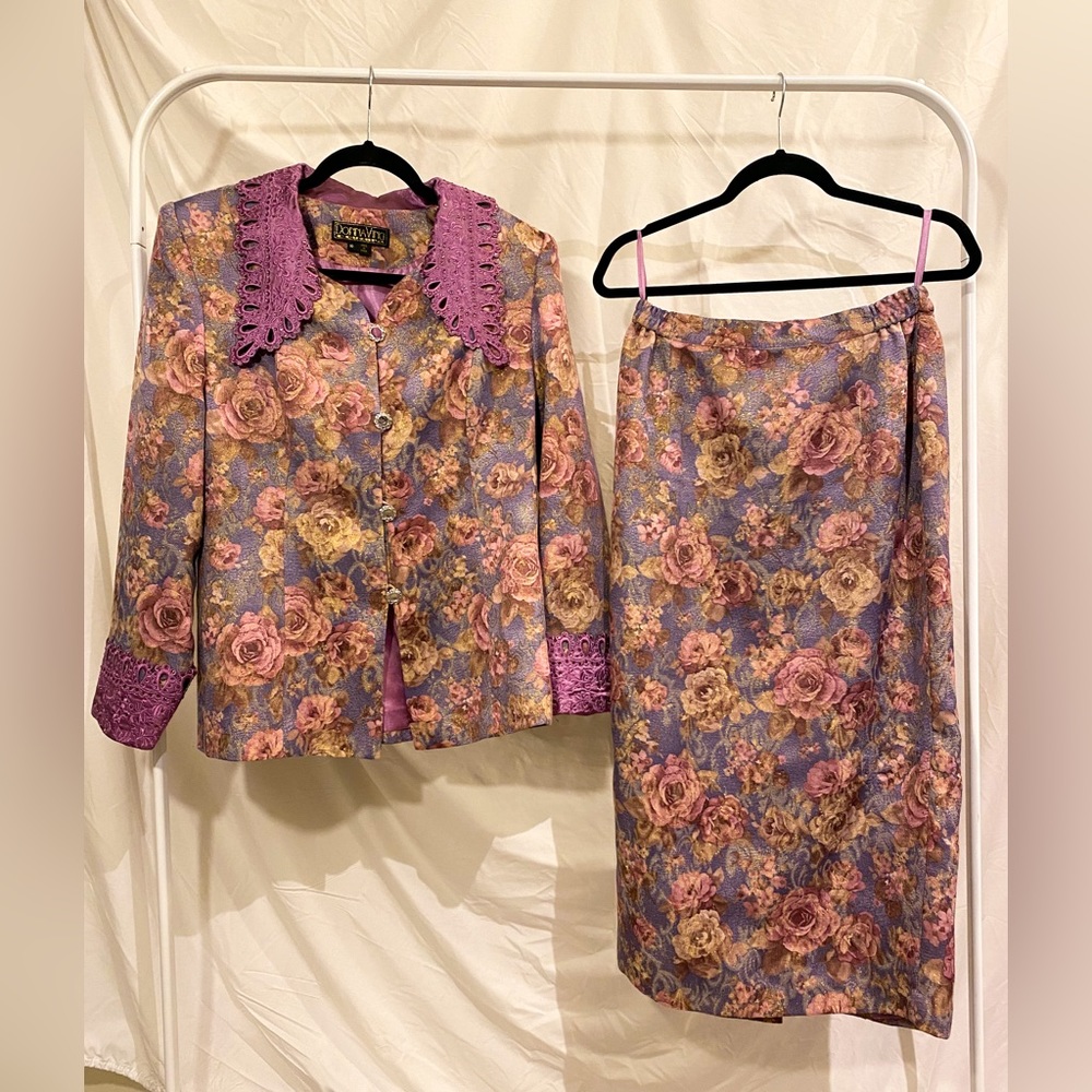 glittering floral blazer skirt set | M, 90s